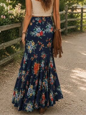 Lola P. Floral Maxi Skirt Navy Blue Boho Cottagecore Romantic Maxi Skirt Medium
